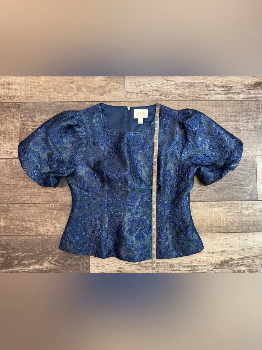 Lilly Pulitzer Royal Blue Brocade Puff-Sleeve Top Sz 14